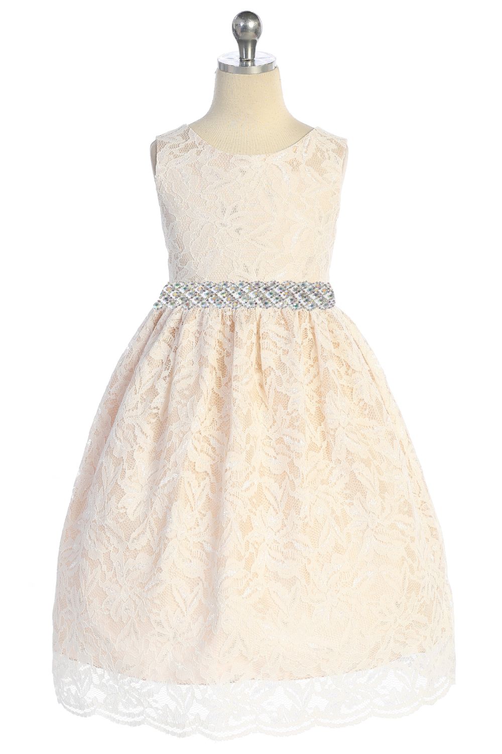 526-E- Lace V Back Bow Plus Size Dress w/ Thick Rhinestone Trim