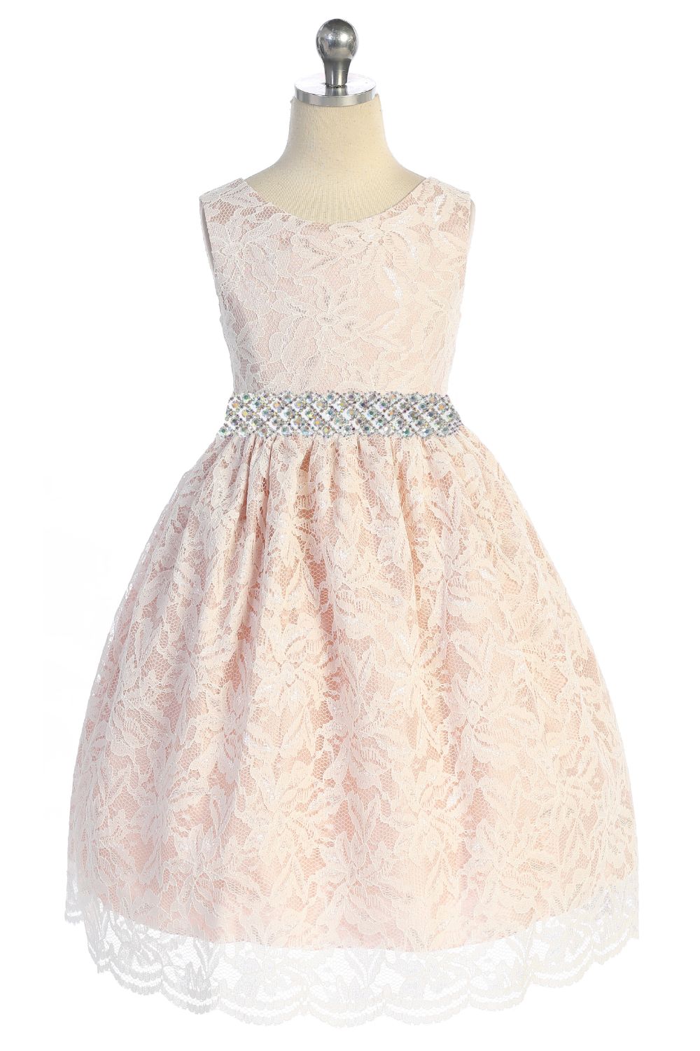526-E- Lace V Back Bow Plus Size Dress w/ Thick Rhinestone Trim