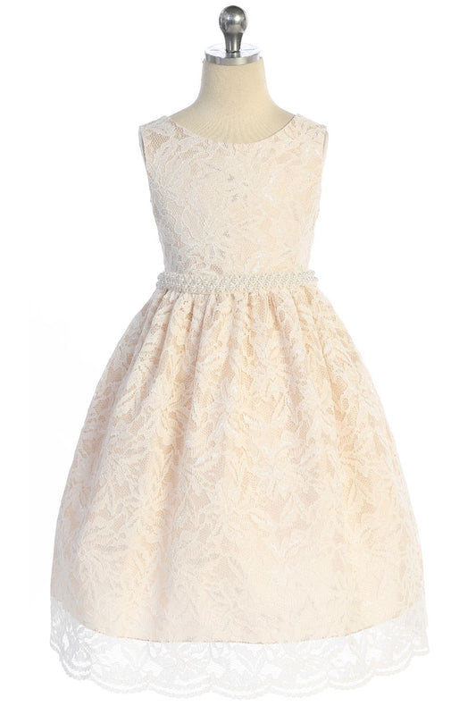 526-C- Lace V Back Bow Plus Size Dress w/ Thick Pearl Trim