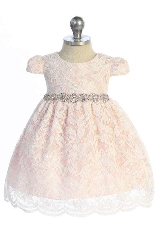 532-A- Lace V Back Bow Baby Dress w/ Rhinestone Trim