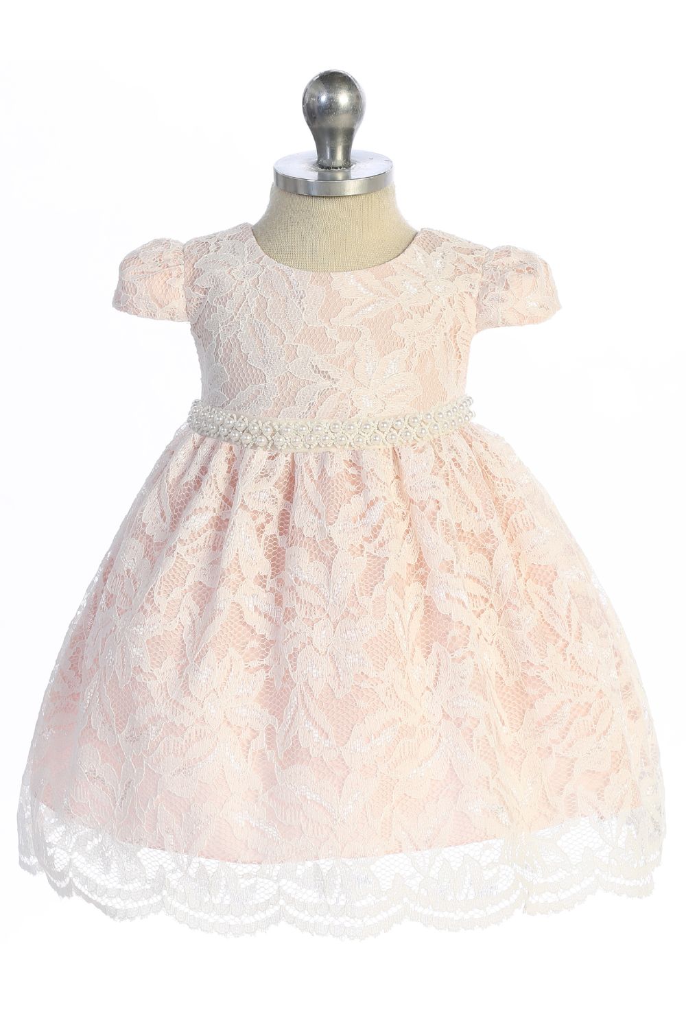 532-C- Lace V Back Bow Baby Dress w/ Thick Pearl Trim