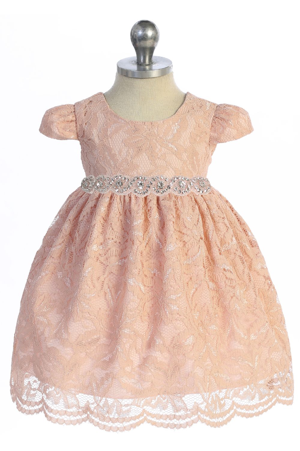 532-A- Lace V Back Bow Baby Dress w/ Rhinestone Trim