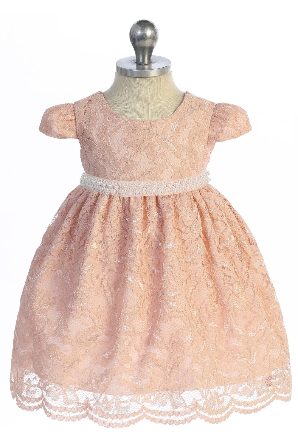 532-C- Lace V Back Bow Baby Dress w/ Thick Pearl Trim