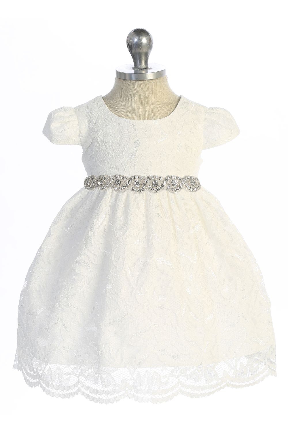 532-A- Lace V Back Bow Baby Dress w/ Rhinestone Trim