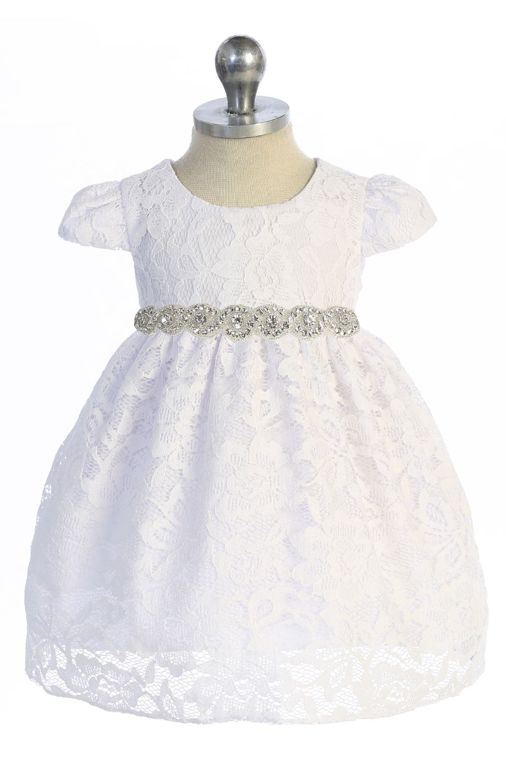 532-A- Lace V Back Bow Baby Dress w/ Rhinestone Trim