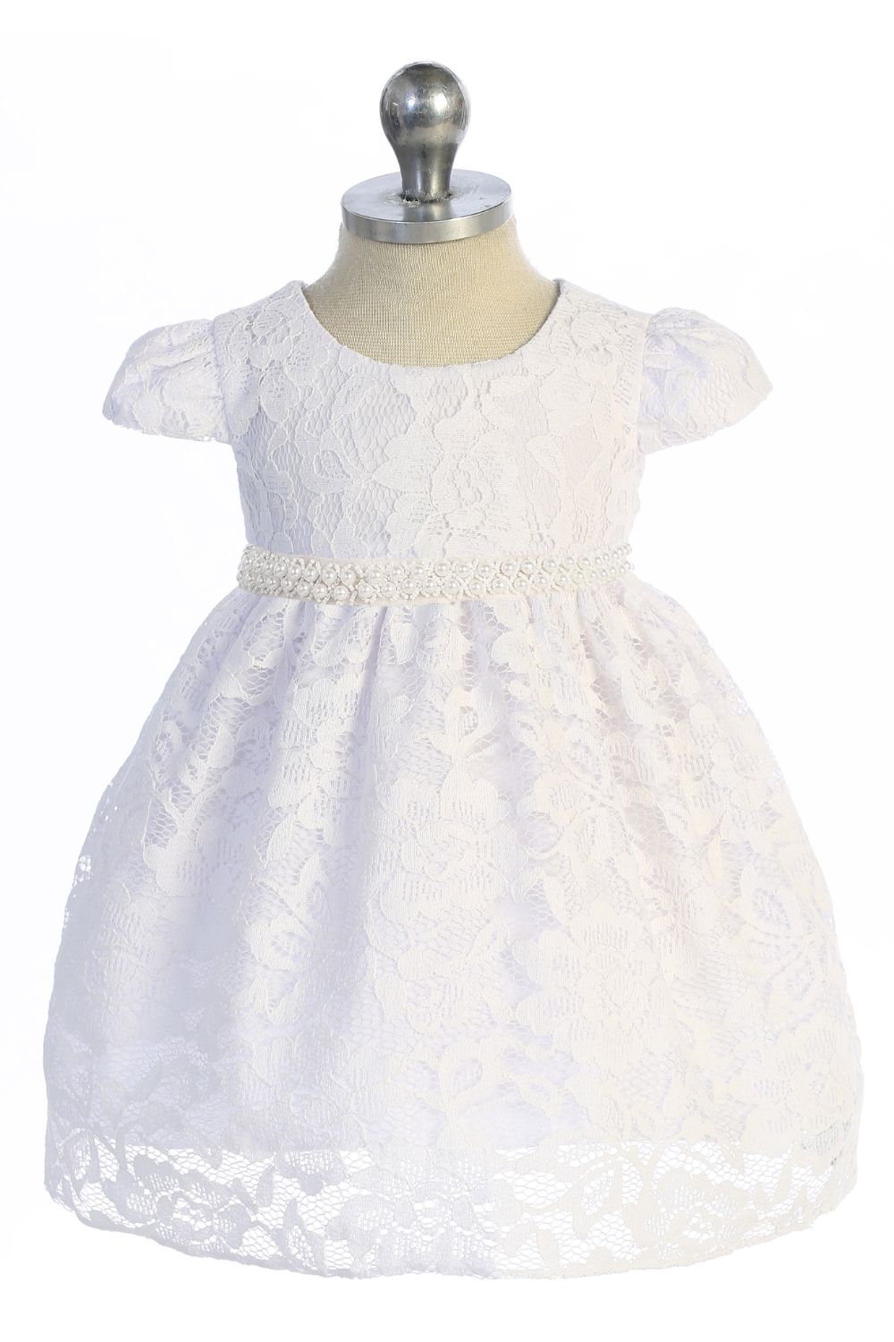 532-C- Lace V Back Bow Baby Dress w/ Thick Pearl Trim