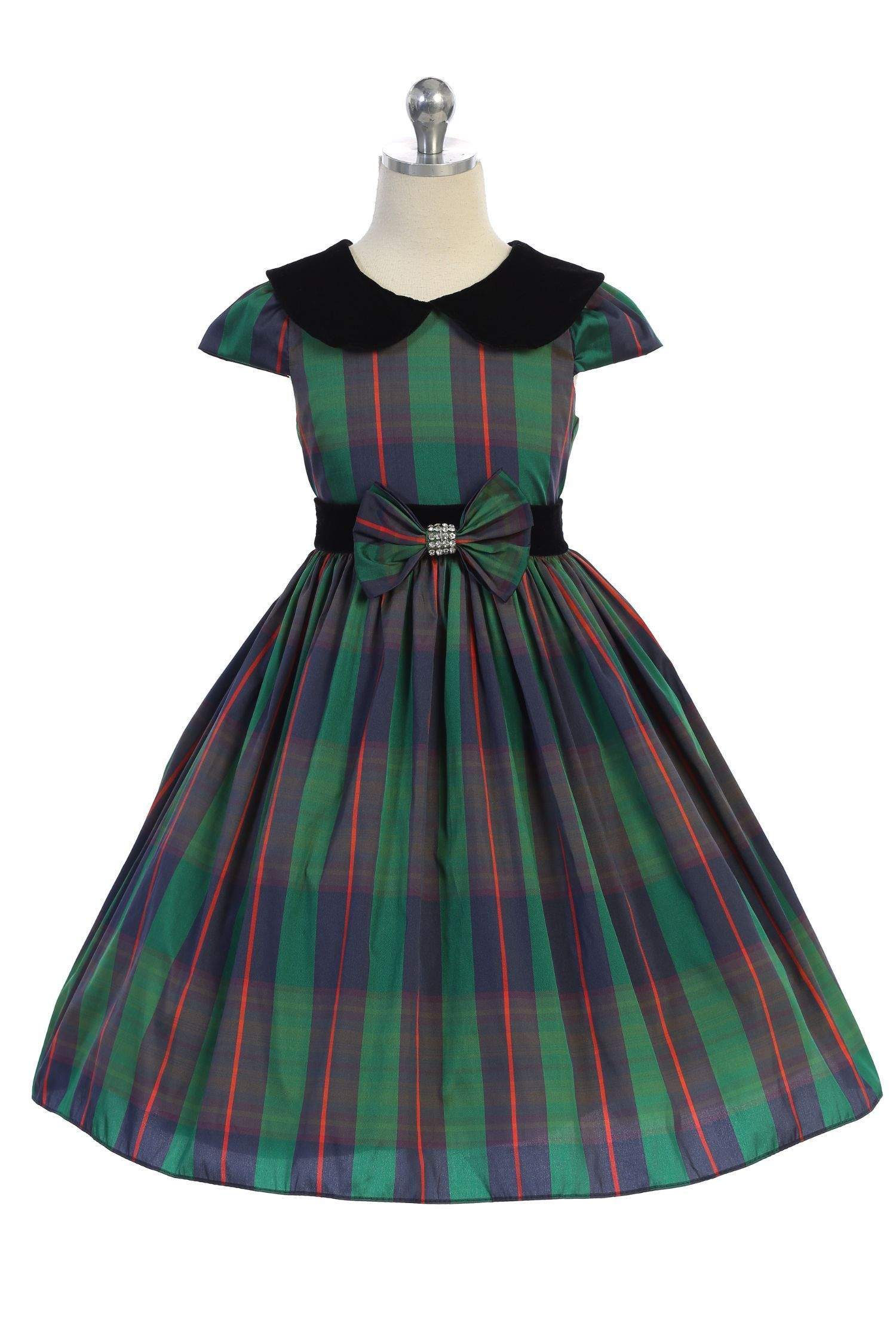 Classic Plaid with Velvet Collar Plus Size Girl Dress-Kid's Dream-Color_Green,Color_Red,girl-dress,length_Knee Length,meta-related-collection-shop-the-outfit-girls,size _18.5,size_14.5,size_16.5,size_20.5