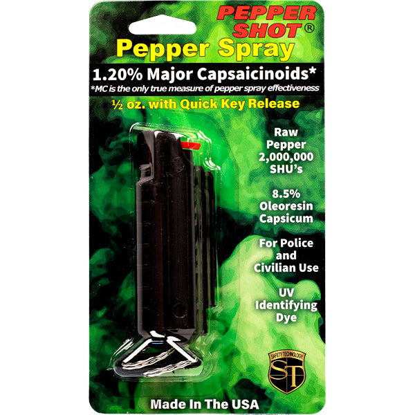 Pepper Shot 1.2% MC 1/2 oz pepper spray hard case belt clip and quick release keychain black