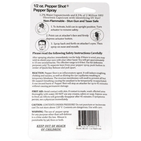 Pepper Shot 1.2% MC 1/2 oz pepper spray hard case belt clip and quick release keychain blue
