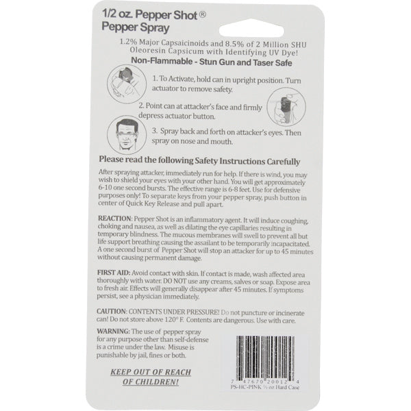 Pepper Shot 1.2% MC 1/2 oz pepper spray hard case belt clip and quick release keychain pink