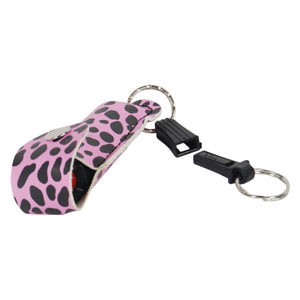 Pepper Shot 1.2% MC 1/2 oz pepper spray fashion leatherette holster and quick release keychain cheetah black/pink