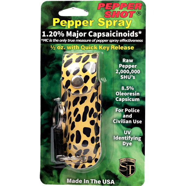 Pepper Shot 1.2% MC 1/2 oz pepper spray fashion leatherette holster and quick release keychain cheetah black/yellow