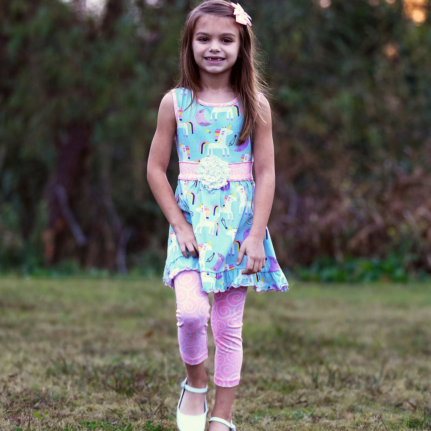 AnnLoren Little & Big Girls Unicorns Rainbow Dress & Pink Swirl Leggings Outfit