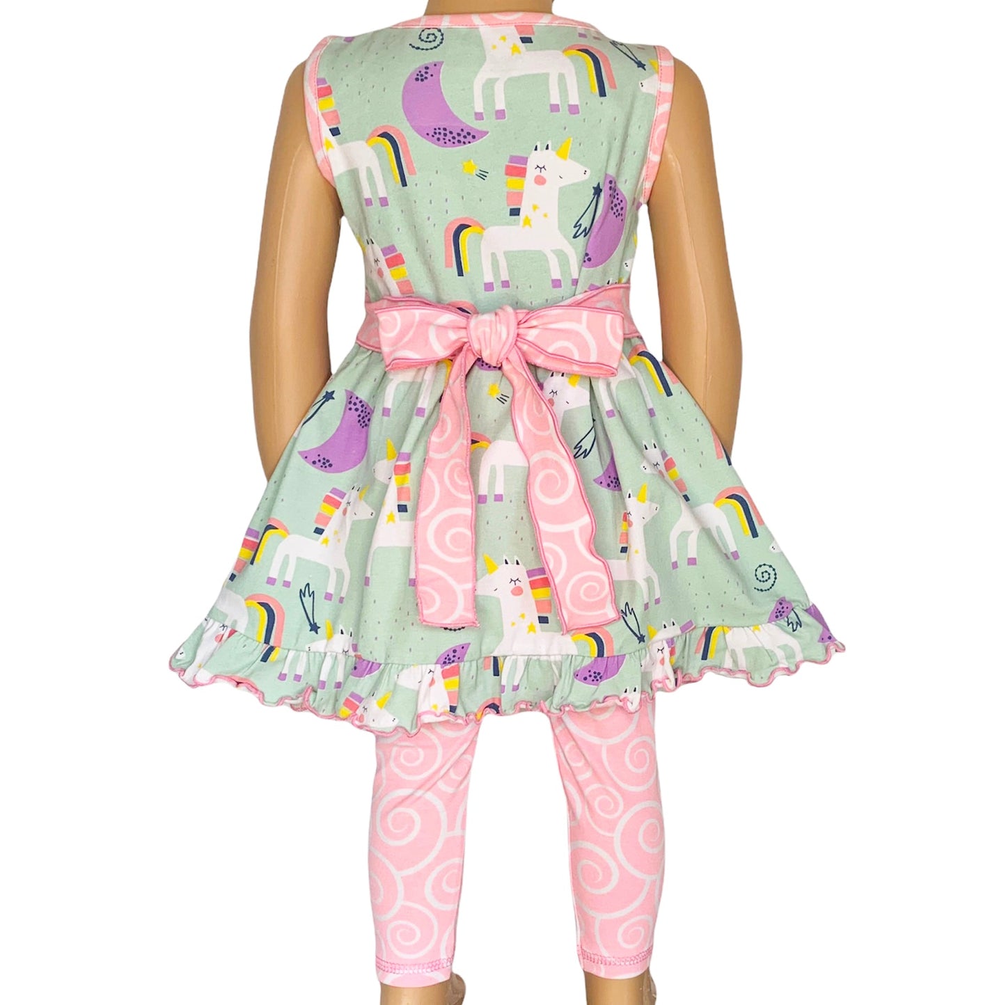 AnnLoren Little & Big Girls Unicorns Rainbow Dress & Pink Swirl Leggings Outfit