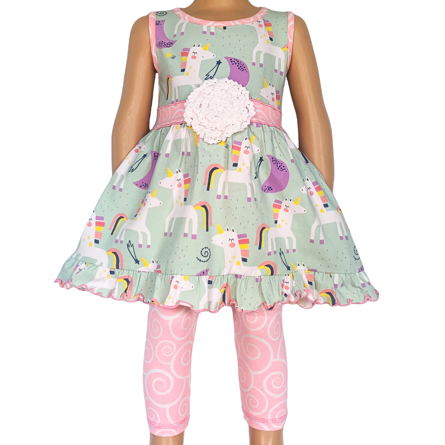 AnnLoren Little & Big Girls Unicorns Rainbow Dress & Pink Swirl Leggings Outfit