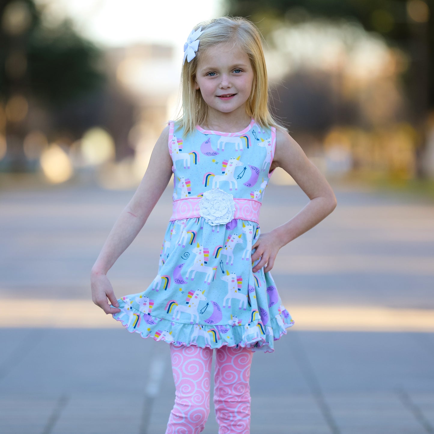 AnnLoren Little & Big Girls Unicorns Rainbow Dress & Pink Swirl Leggings Outfit