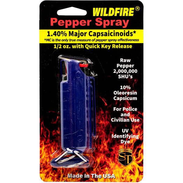 Wildfire 1.4% MC 1/2 oz pepper spray hard case with quick release keychain blue