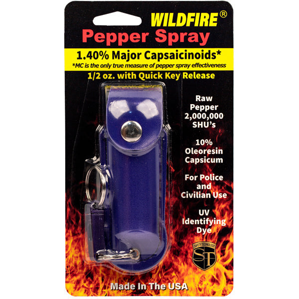 Wildfire 1.4% MC 1/2 oz pepper spray leatherette holster and quick release keychain blue