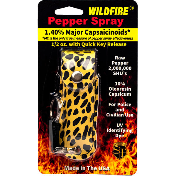Wildfire 1.4% MC 1/2 oz pepper spray fashion leatherette holster and quick release keychain cheetah black/yellow