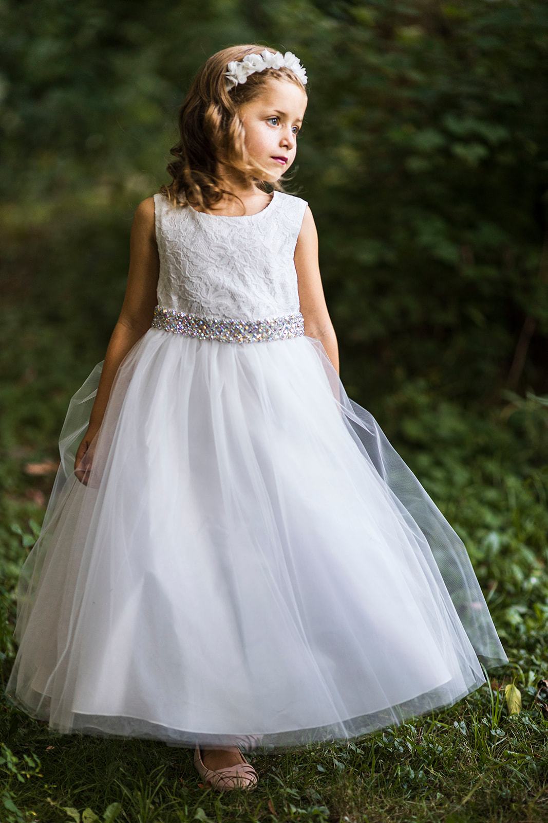 524-E Long Lace Illusion Dress w/ Thick Rhinestone Trim