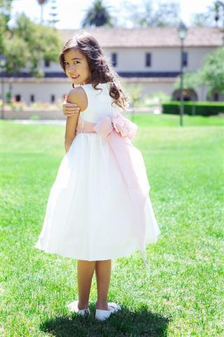 Dress - Poly Silk Organza Sash Girl Dress (White Dress)
