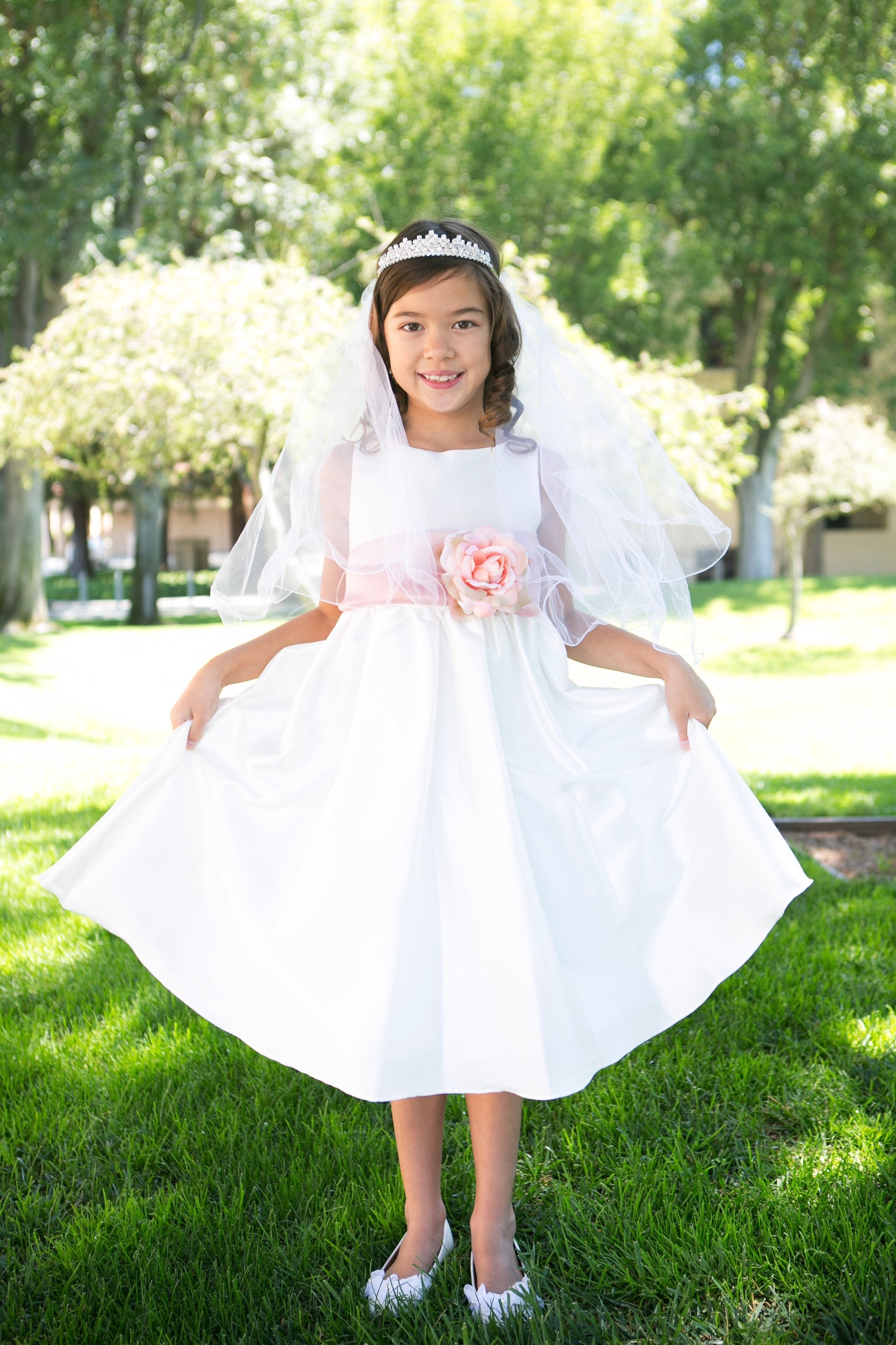 Dress - Poly Silk Organza Sash Girl Dress (White Dress)